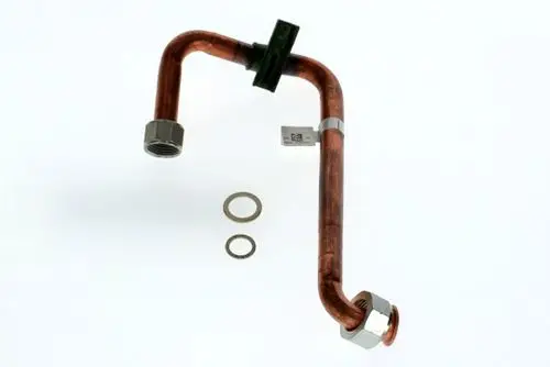Kupferne Rohrleitung mit zwei Gewindeanschlüssen und Dichtungen, geeignet für die Installation von Gasleitungen. Produkt von Bosch.